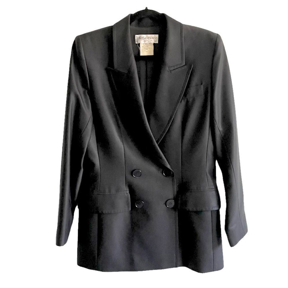 𝅺YSL YVES SAINT LAURENT Vintage Wool Double Breasted Blazer Black 10